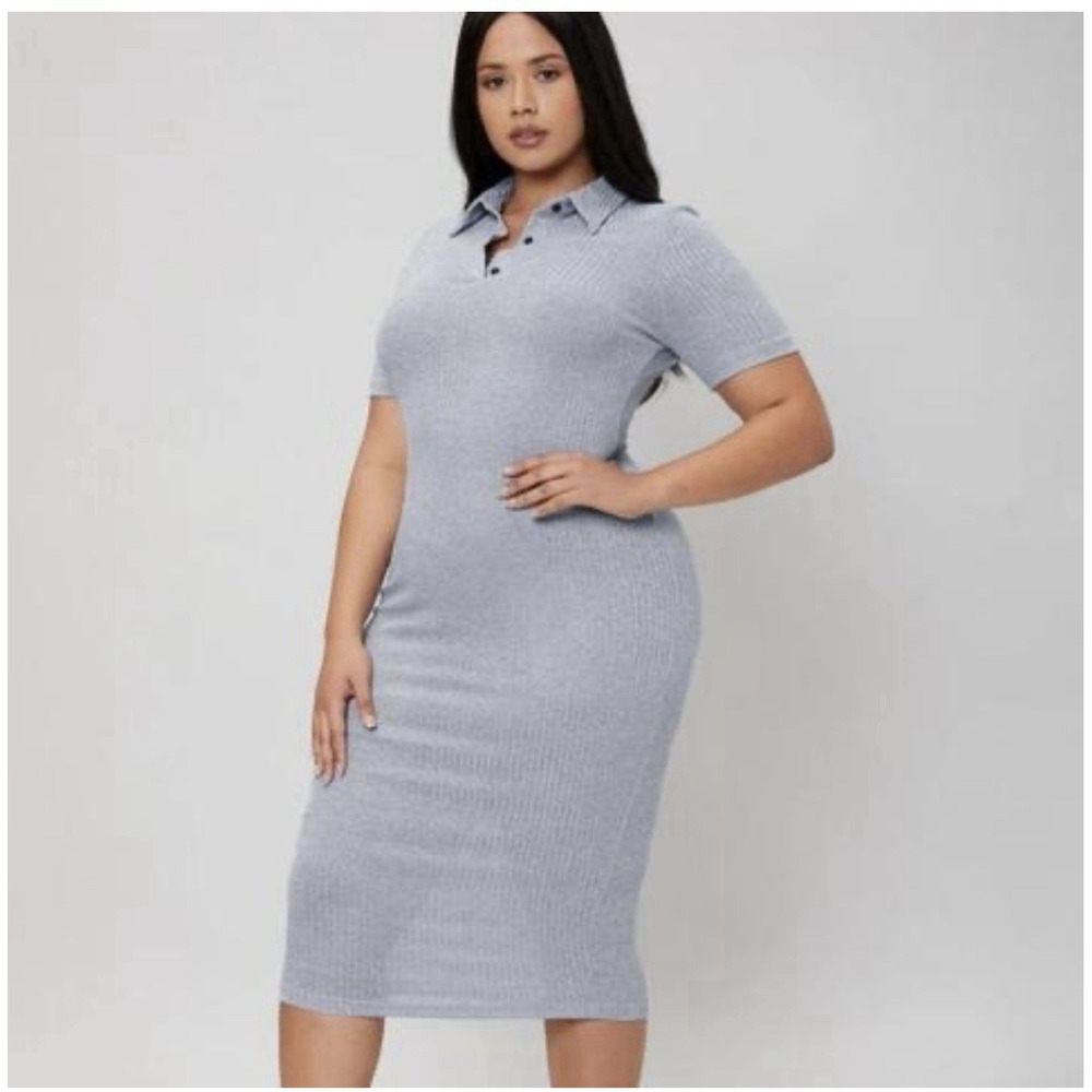 Women Ribbed Knit Sweater Dress Sz‎ 3X Bodycon Collared Short Sleeve Midi SHEIN